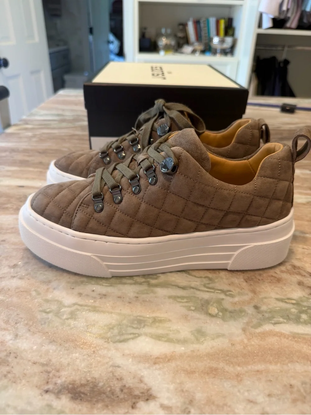 J/SLIDES Women’s Quilted Suede Sneakers in Brown, size 7